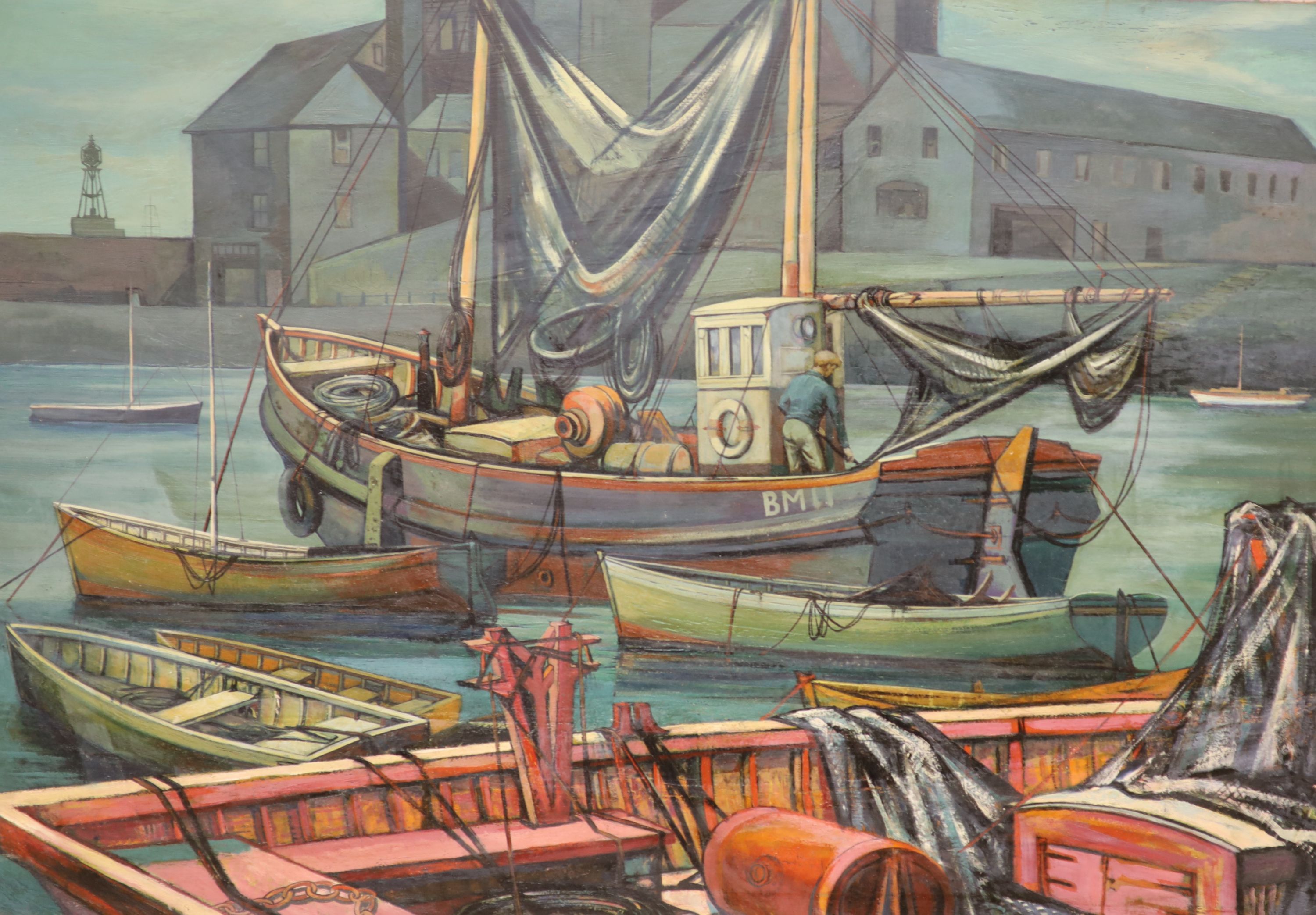 Paul Holmes, oil on board, Fishing boats in harbour, signed and dated 1951, 56 x 81cm